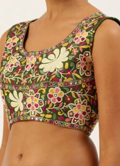 Olive Green Silk Embroidered Work Blouse Party Wear