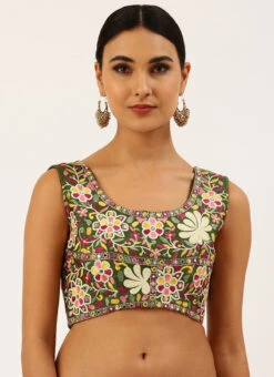 Olive Green Silk Embroidered Work Blouse Party Wear -C Bazaar Shop olive green silk embroidered work blouse blspfb134o u