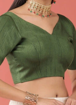 Olive Green Silk Solid Stitched Readymade Blouse Party Wear