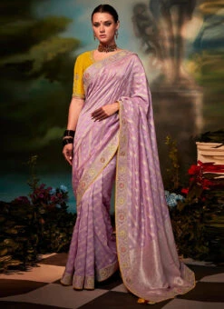 Onion Pink Organza Jacquard Weaving Saree Festive Wear -C Bazaar Shop onion pink organza jacquard weaving saree sasli18575246 u