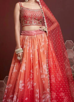 Orange And Red Art Silk Printed Designer Lehenga Choli Festive Wear