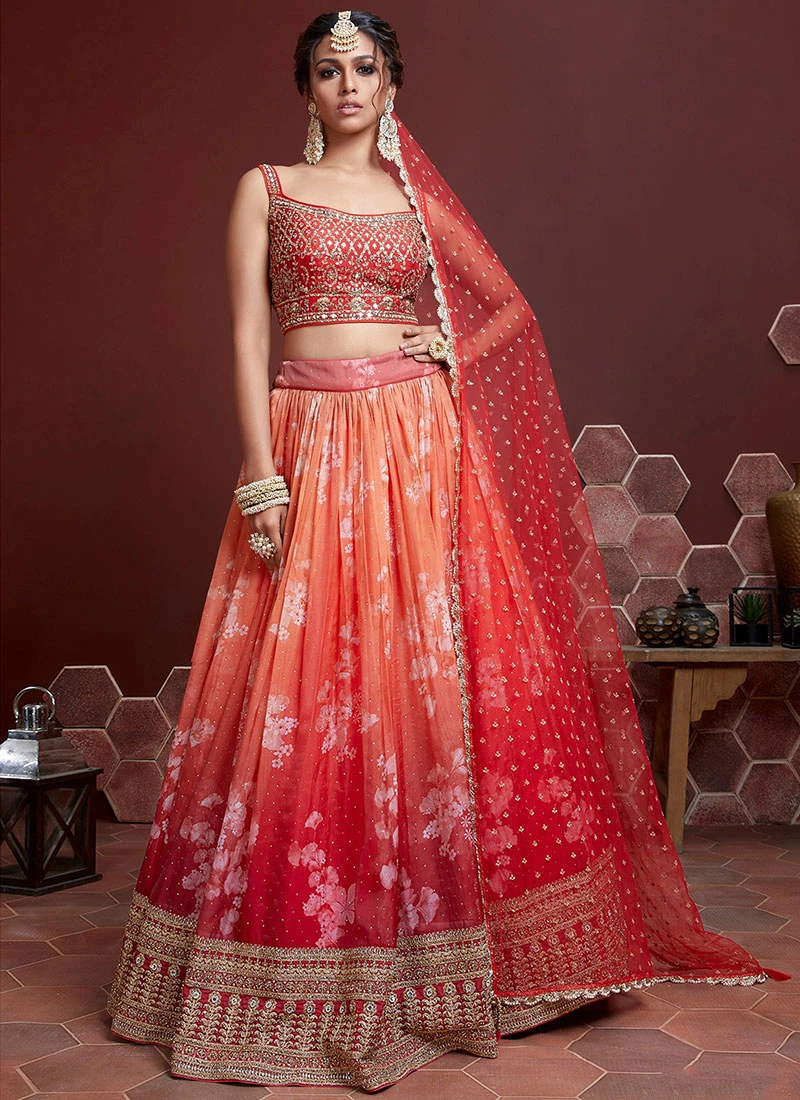 Orange And Red Art Silk Printed Designer Lehenga Choli Festive Wear 3 Orange And Red Art Silk Printed Designer Lehenga Choli Festive Wear - Image 3