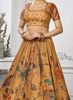 Orange Art Silk Kalamkari Print Umbrella Lehenga Festive Wear