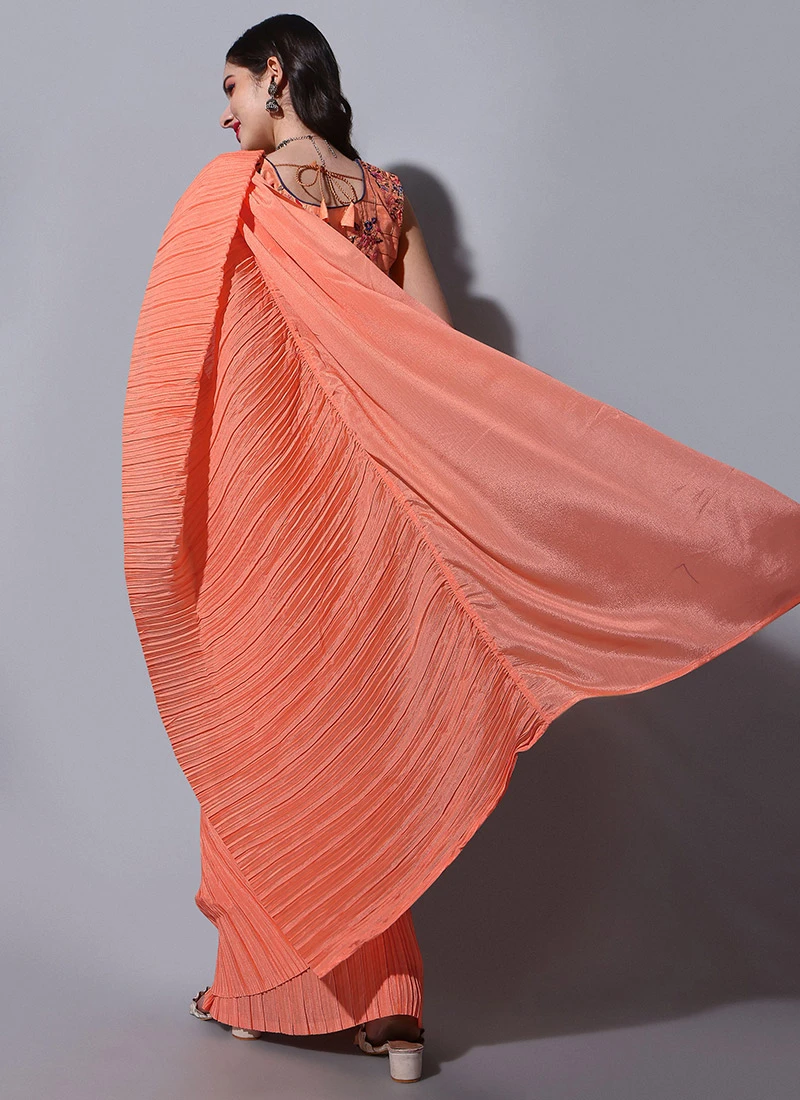 Orange Chinon Crush Saree Party Wear 4 Orange Chinon Crush Saree Party Wear - Image 4