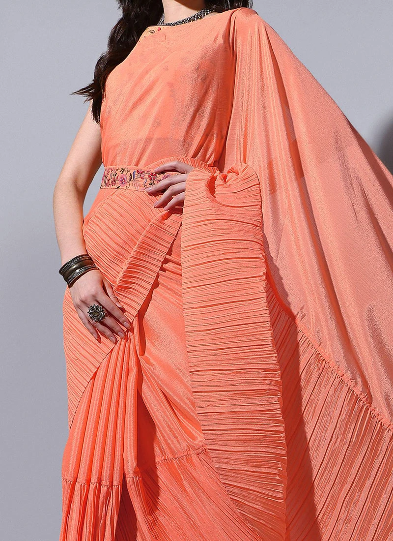 Orange Chinon Crush Saree Party Wear 1 Orange Chinon Crush Saree Party Wear