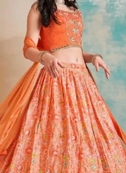 Orange Chinon Printed Work A Line Lehenga Choli Party Wear