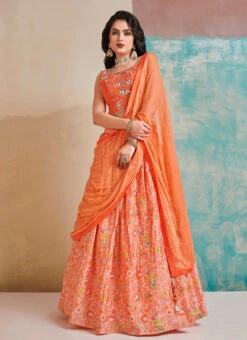 Orange Chinon Printed Work A Line Lehenga Choli Party Wear -C Bazaar Shop orange chinon printed work a line lehenga choli ghska459758003 u