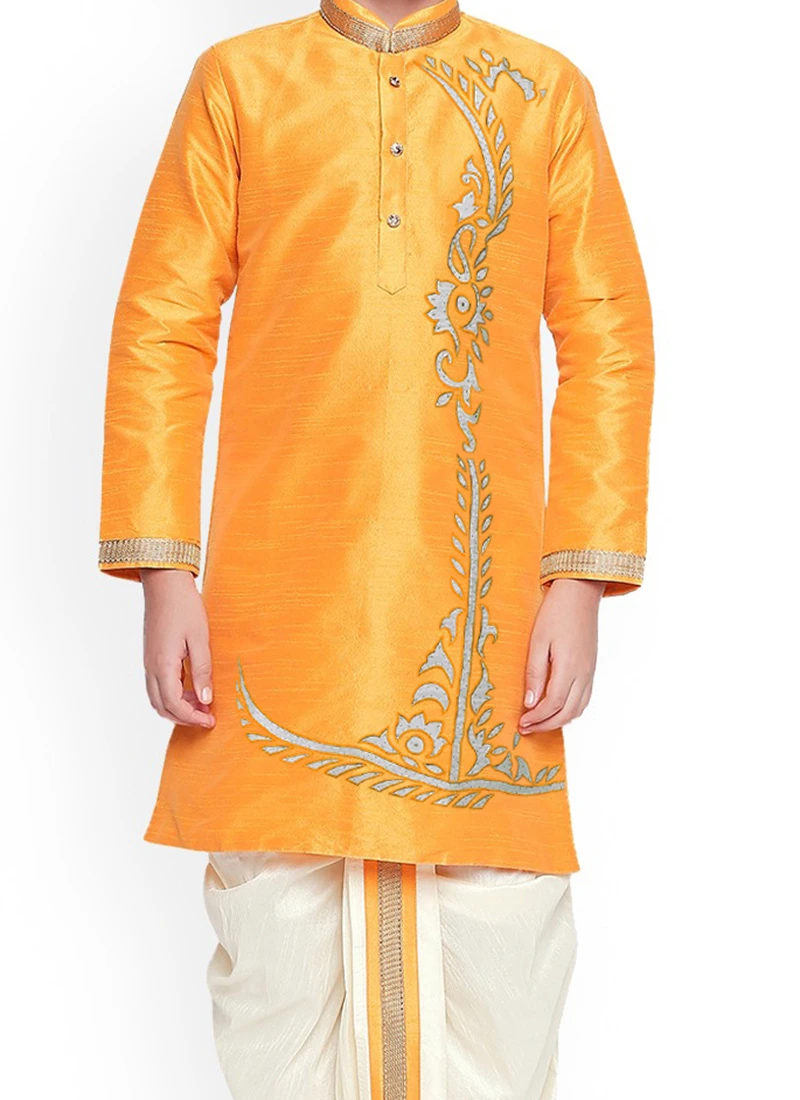 Orange Dupion Silk Embroidered Kurta Pyjama Party Wear 1 Orange Dupion Silk Embroidered Kurta Pyjama Party Wear