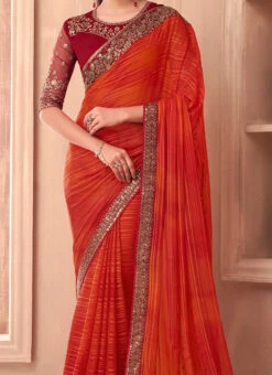 Orange Georgette Embroidered Saree Party Wear