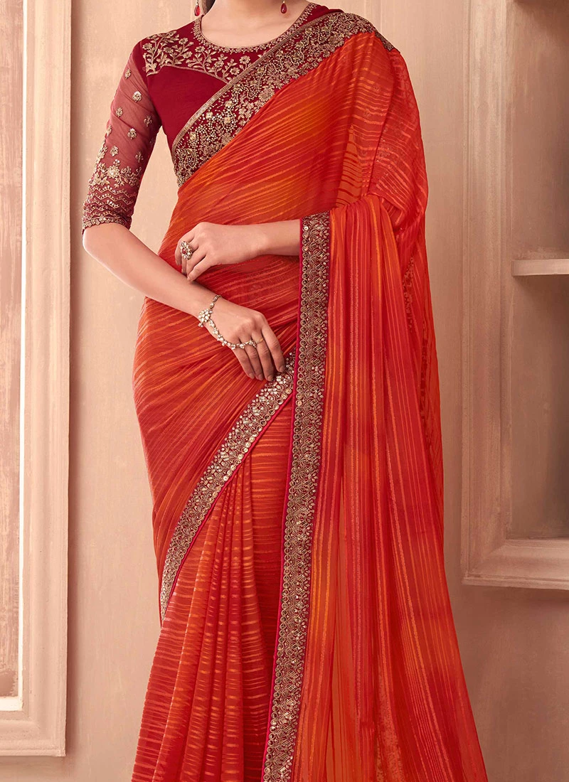 Orange Georgette Embroidered Saree Party Wear 1 Orange Georgette Embroidered Saree Party Wear