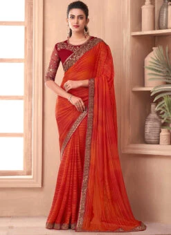 Orange Georgette Embroidered Saree Party Wear 6 Orange Georgette Embroidered Saree Party Wear -C Bazaar Shop orange georgette embroidered saree saska36011113 u