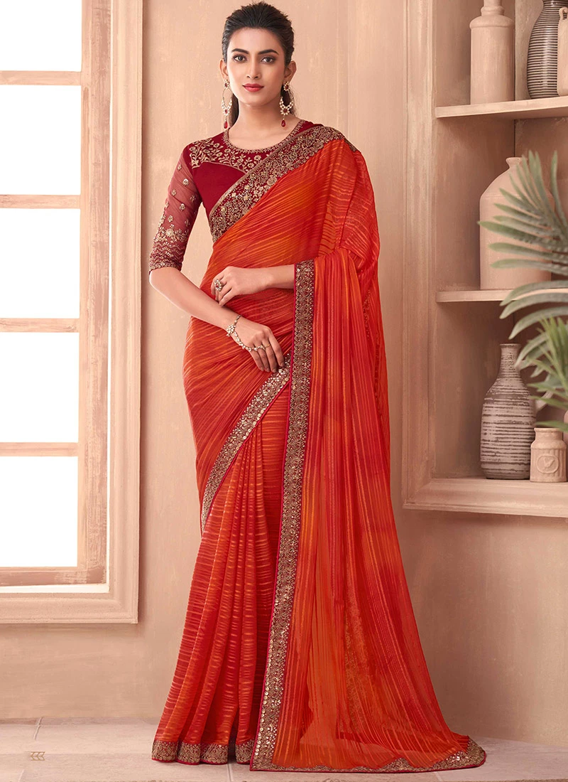 Orange Georgette Embroidered Saree Party Wear 3 Orange Georgette Embroidered Saree Party Wear - Image 3