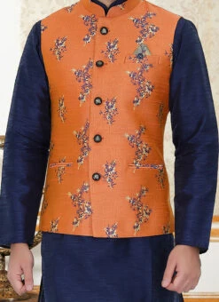 Orange Jacquard Art Silk Bandhgala Jacket
