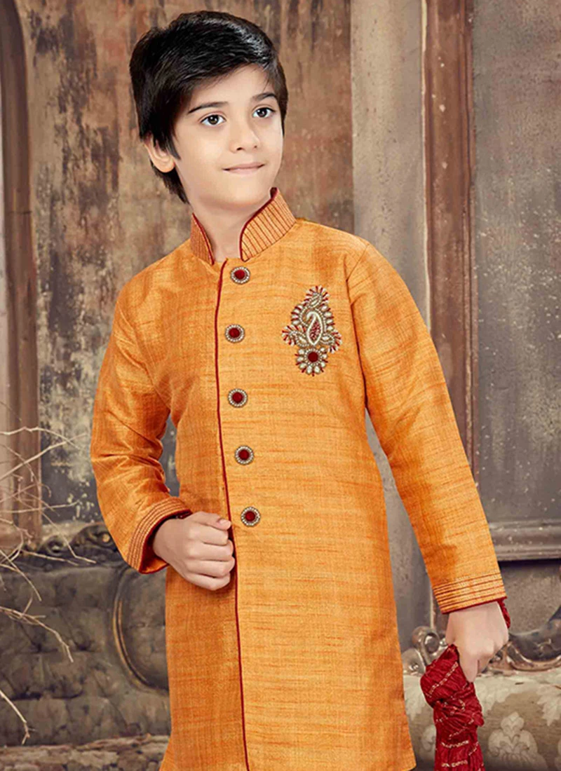 Orange Kids Embroidered Kurta Pyjama 3 Orange Kids Embroidered Kurta Pyjama - Image 3