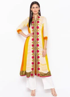 Orange N White Georgette Embroidered Kurta Palazzo Set After Six Wear -C Bazaar Shop orange n white georgette embroidered kurta palazzo set krsmnc1911ks u