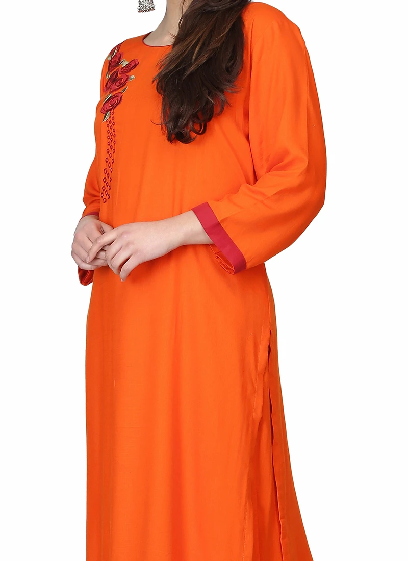Orange Rayon Embroidery Kurta Palazzo Set Party Wear 1 Orange Rayon Embroidery Kurta Palazzo Set Party Wear