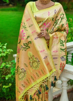 Parrot Green Zari Woven Paithani Silk Saree Festive Wear