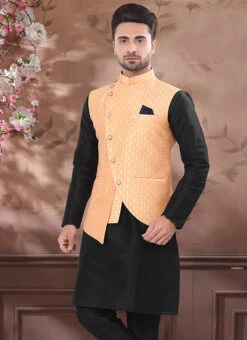 Pastel Orange Jacquard Silk Nehru Jacket 5 Pastel Orange Jacquard Silk Nehru Jacket -C Bazaar Shop pastel orange jacquard silk nehru jacket jmkmdcj523 b