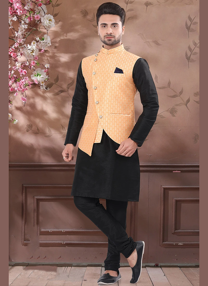 Pastel Orange Jacquard Silk Nehru Jacket 2 Pastel Orange Jacquard Silk Nehru Jacket - Image 2