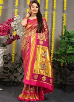 Patola Silk Zari Weaving Dark Pink Color Saree Festive Wear 6 Patola Silk Zari Weaving Dark Pink Color Saree Festive Wear -C Bazaar Shop patola silk zari weaving dark pink color saree sasom110863 u