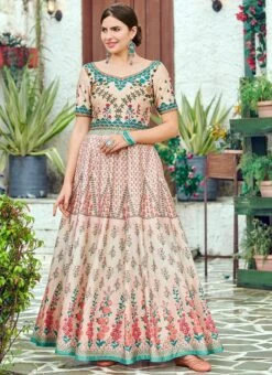 Peach Art Silk Anarkali Gown Party Wear -C Bazaar Shop peach art silk anarkali gown bgwsjssb1206 u