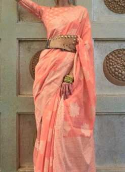 Peach Art Silk Cotton Chikankari Saree Festive Wear