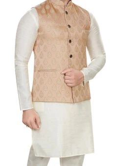 Peach Art Silk Jacquard Nehru Jacket