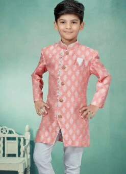 Peach Banarasi Silk Jacquard Indowestern Sherwani Party Wear -C Bazaar Shop peach banarasi silk jacquard indowestern sherwani kdbmsgrk543 b