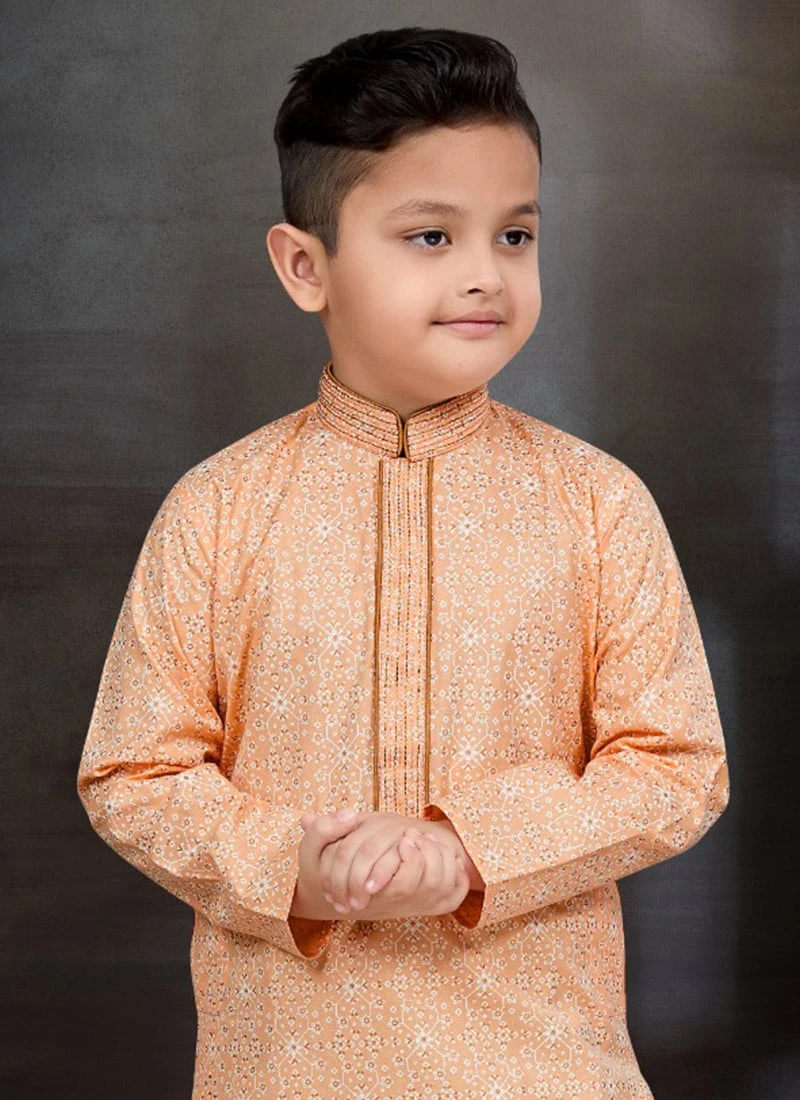 Peach Blended Cotton Printed Kids Boys Kurta Pyjama Festive Wear 3 Peach Blended Cotton Printed Kids Boys Kurta Pyjama Festive Wear - Image 3