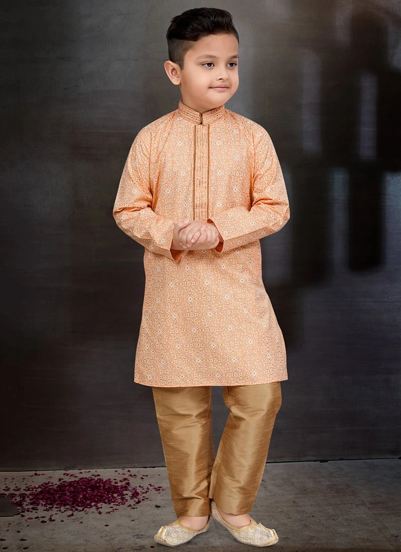 Peach Blended Cotton Printed Kids Boys Kurta Pyjama Festive Wear 2 Peach Blended Cotton Printed Kids Boys Kurta Pyjama Festive Wear - Image 2