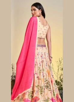 Peach Chinon Printed Work A Line Lehenga Choli Party Wear -C Bazaar Shop peach chinon printed work a line lehenga choli ghska459960001 b