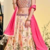 Peach Chinon Printed Work A Line Lehenga Choli Party Wear