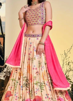 Peach Chinon Printed Work A Line Lehenga Choli Party Wear