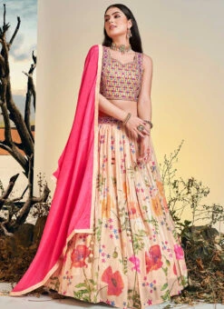 Peach Chinon Printed Work A Line Lehenga Choli Party Wear -C Bazaar Shop peach chinon printed work a line lehenga choli ghska459960001 u
