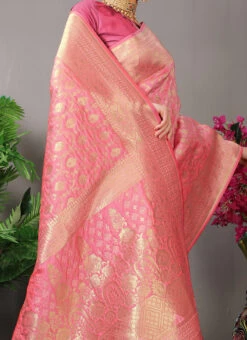Peach Color Zari Work Soft Silk Saree Festive Wear