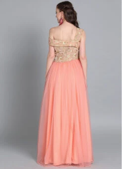 Peach Embroiderd Flap Style Flared Gown Party Wear -C Bazaar Shop peach embroiderd flap style flared gown IWBS01910312 b
