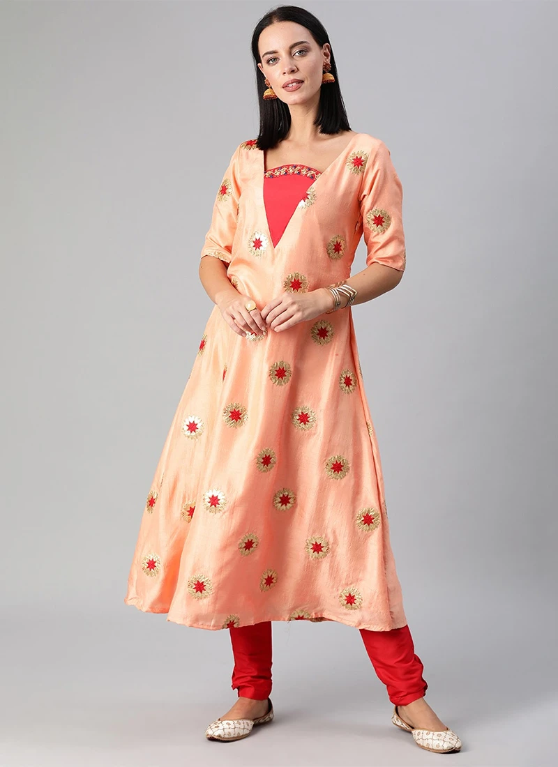 Peach Embroidered Chinon Kurta Set Festive Wear 3 Peach Embroidered Chinon Kurta Set Festive Wear - Image 3