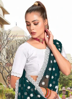 Rama Green Faux Georgette Embroidered Half And Half Saree Party Wear -C Bazaar Shop peach faux georgette embroidered half and half saree sasunk2095 b