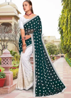 Rama Green Faux Georgette Embroidered Half And Half Saree Party Wear -C Bazaar Shop peach faux georgette embroidered half and half saree sasunk2095 u