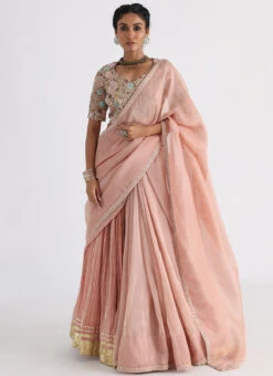 Peach Hand And Machine Embroidery Tafetta Half N Half Saree Wedding Wear -C Bazaar Shop peach hand and machine embroidery tafetta half n half saree saksaad358 u