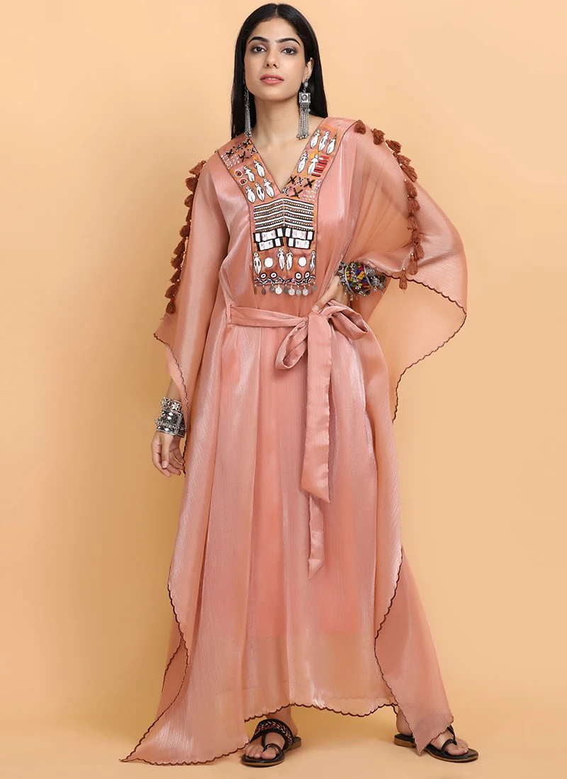 Peach Handpainted Kaftan Set Party Wear 3 Peach Handpainted Kaftan Set Party Wear - Image 3