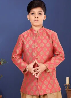 Peach Jacquard Silk Boys Indowestern Sherwani 5 Peach Jacquard Silk Boys Indowestern Sherwani -C Bazaar Shop peach jacquard silk boys indowestern sherwani kdbmvs646 b
