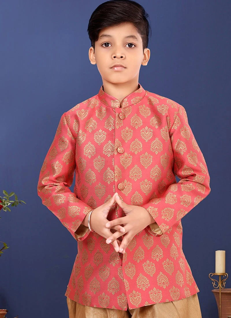 Peach Jacquard Silk Boys Indowestern Sherwani 3 Peach Jacquard Silk Boys Indowestern Sherwani - Image 3