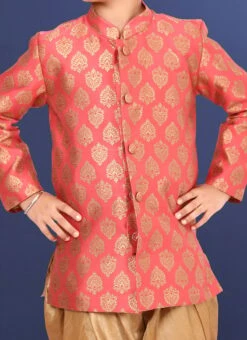 Peach Jacquard Silk Boys Indowestern Sherwani