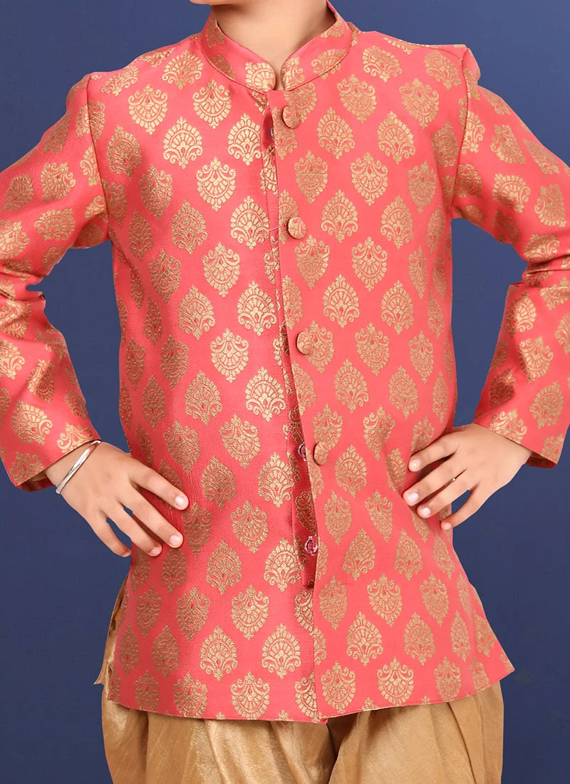 Peach Jacquard Silk Boys Indowestern Sherwani 1 Peach Jacquard Silk Boys Indowestern Sherwani