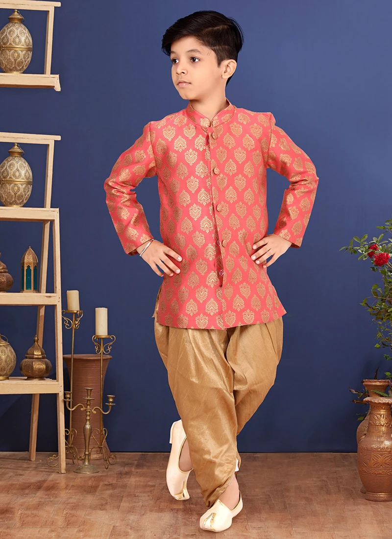 Peach Jacquard Silk Boys Indowestern Sherwani 2 Peach Jacquard Silk Boys Indowestern Sherwani - Image 2