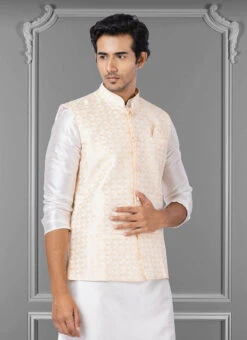 Peach Jacquard Silk Nehru Jacket -C Bazaar Shop peach jacquard silk nehru jacket jmkkvs483 b