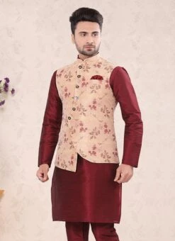 Peach Jacquard Silk Printed Nehru Jacket 5 Peach Jacquard Silk Printed Nehru Jacket -C Bazaar Shop peach jacquard silk printed nehru jacket jmkmdcj525 b