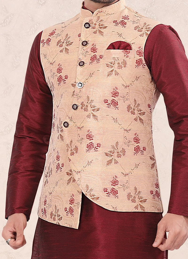 Peach Jacquard Silk Printed Nehru Jacket 1 Peach Jacquard Silk Printed Nehru Jacket