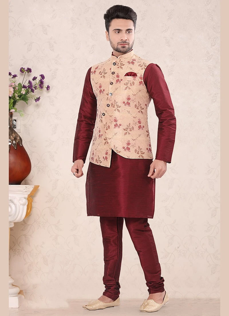 Peach Jacquard Silk Printed Nehru Jacket 2 Peach Jacquard Silk Printed Nehru Jacket - Image 2